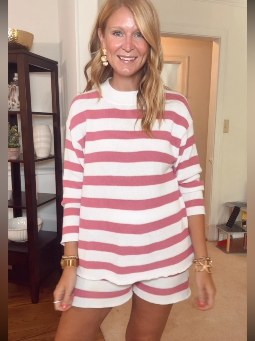 Worn once. Size M. Amazon Pink and White Striped Sweater Set

Jcrew, free people